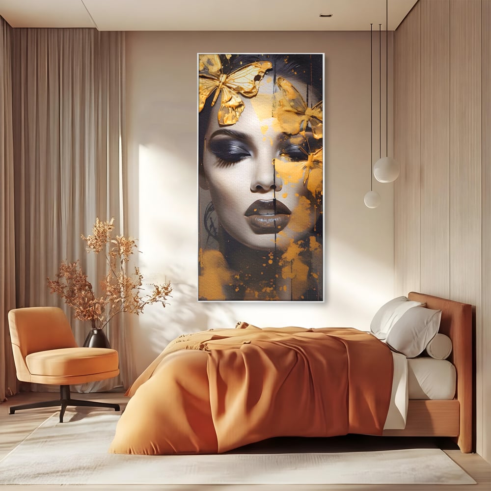 Tablou Canvas Premium LuxCanva® A1509, Butterfly And Girl , Fluturi, Frumusete, Insecte, Auriu, Decorativ, Room, Culori Vibrante