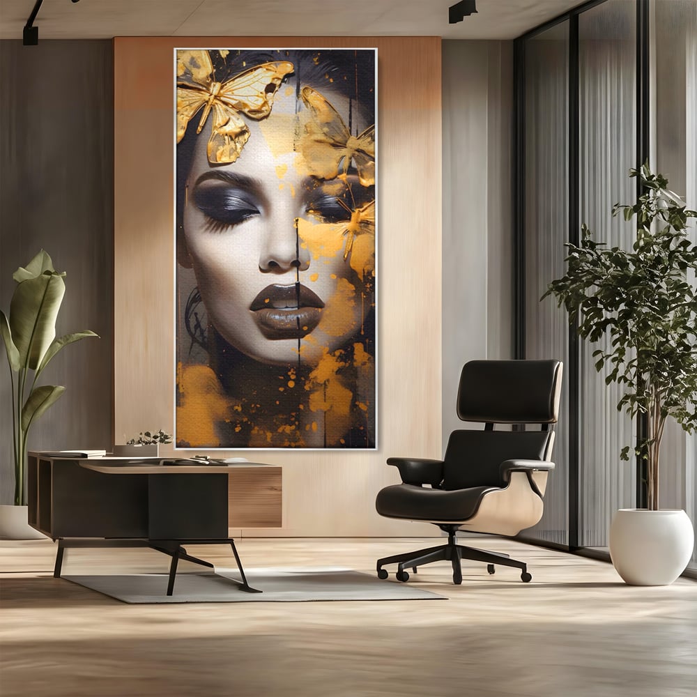 Tablou Canvas Premium LuxCanva® A1509, Butterfly And Girl , Fluturi, Frumusete, Insecte, Auriu, Decorativ, Room, Culori Vibrante