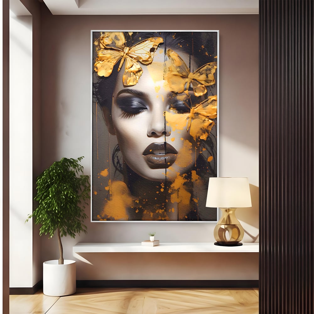Tablou Canvas Premium LuxCanva® A1509, Butterfly And Girl , Fluturi, Frumusete, Insecte, Auriu, Decorativ, Room, Culori Vibrante