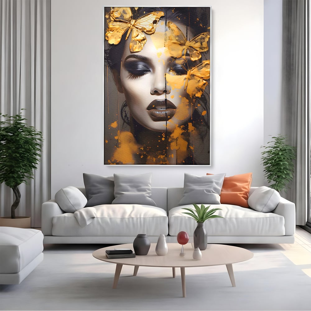 Tablou Canvas Premium LuxCanva® A1509, Butterfly And Girl , Fluturi, Frumusete, Insecte, Auriu, Decorativ, Room, Culori Vibrante