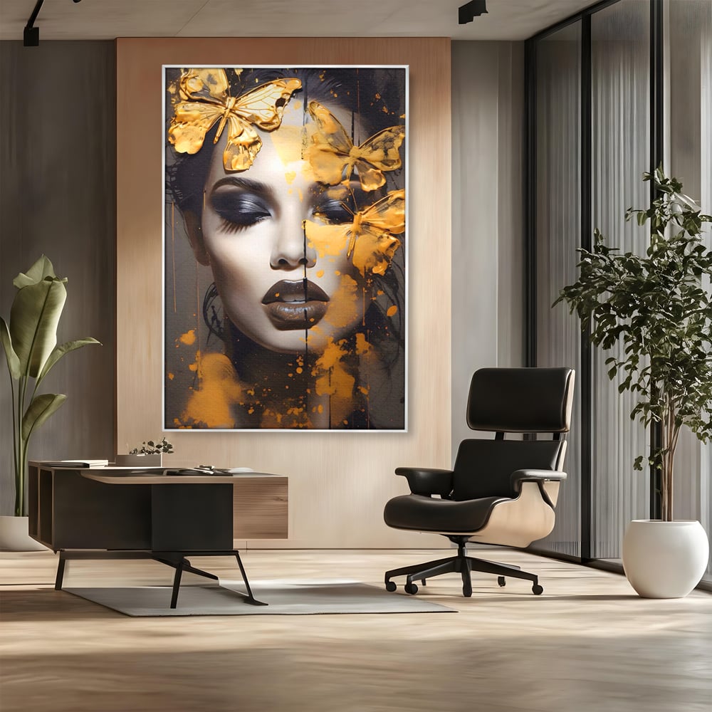 Tablou Canvas Premium LuxCanva® A1509, Butterfly And Girl , Fluturi, Frumusete, Insecte, Auriu, Decorativ, Room, Culori Vibrante