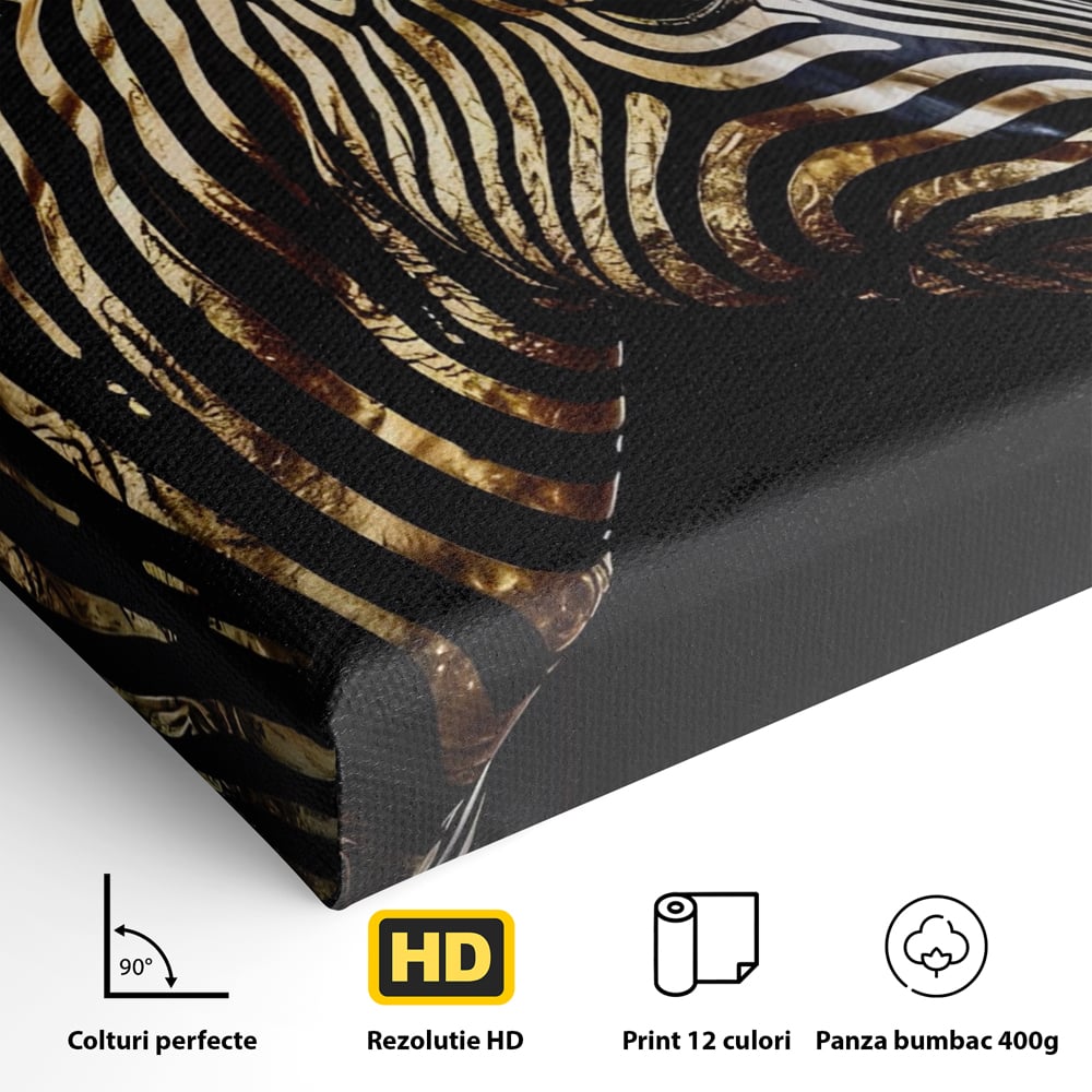 Tablou Canvas Premium LuxCanva® A1514, Zebra Aurie , Room, Animal, Safari, Gold, Decorativ, Living, Culori Vibrante