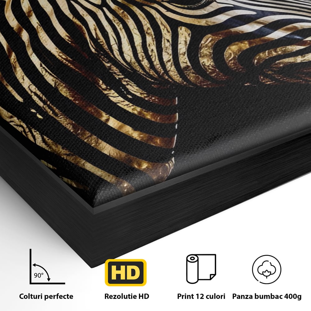 Tablou Canvas Premium LuxCanva® A1514, Zebra Aurie , Room, Animal, Safari, Gold, Decorativ, Living, Culori Vibrante