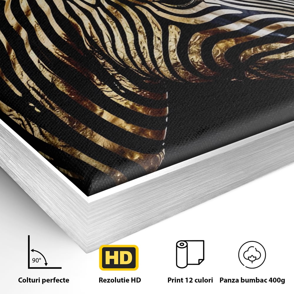 Tablou Canvas Premium LuxCanva® A1514, Zebra Aurie , Room, Animal, Safari, Gold, Decorativ, Living, Culori Vibrante