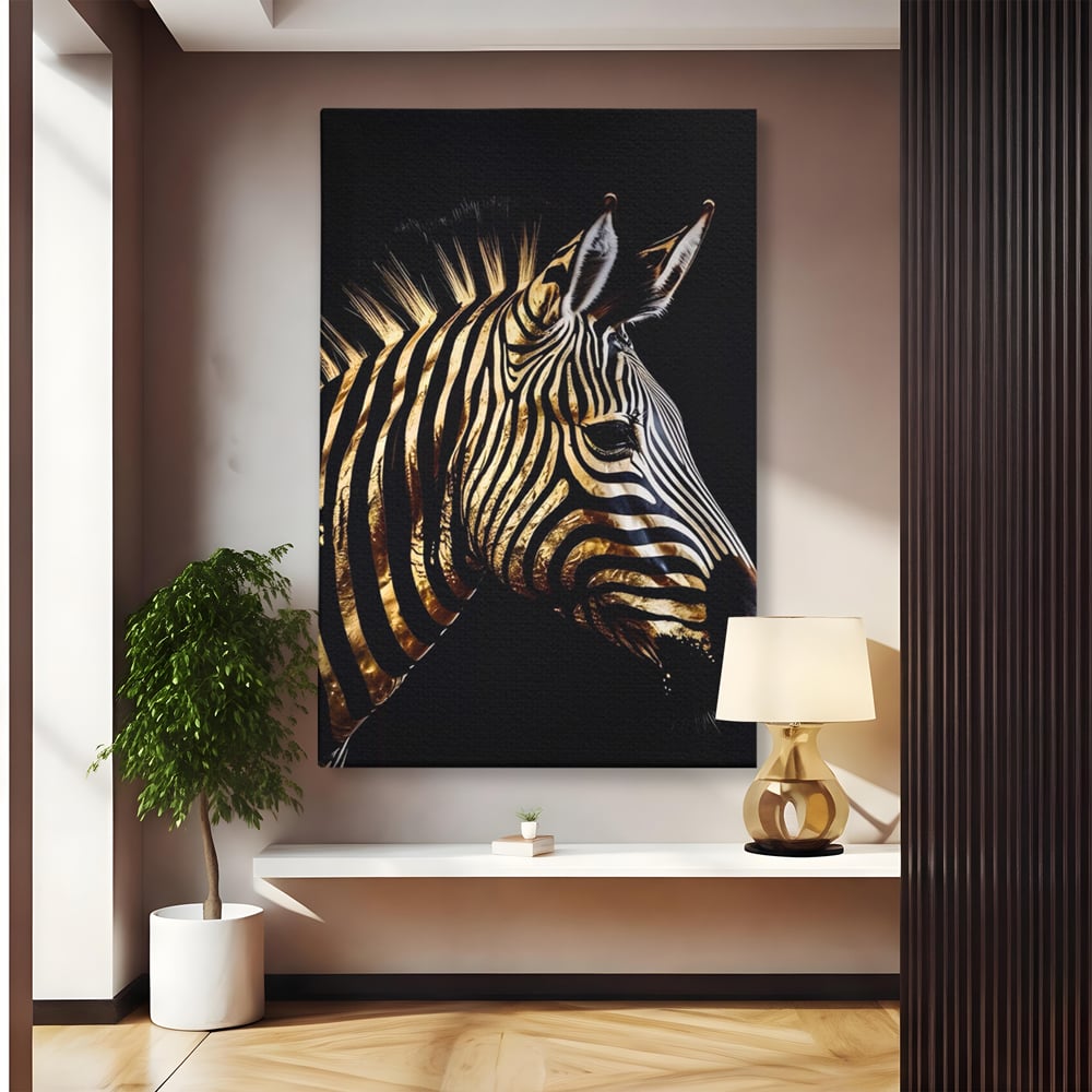 Tablou Canvas Premium LuxCanva® A1514, Zebra Aurie , Room, Animal, Safari, Gold, Decorativ, Living, Culori Vibrante