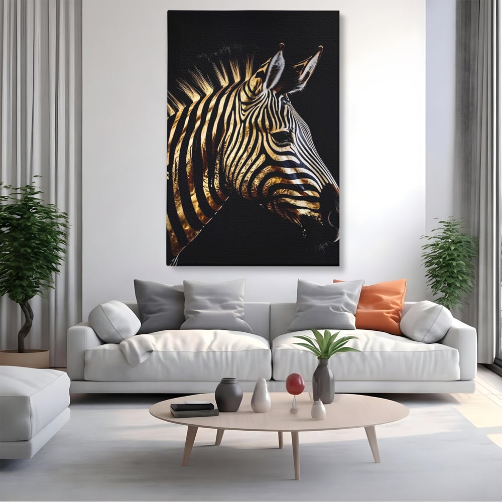 Tablou Canvas Premium LuxCanva® A1514, Zebra Aurie , Room, Animal, Safari, Gold, Decorativ, Living, Culori Vibrante
