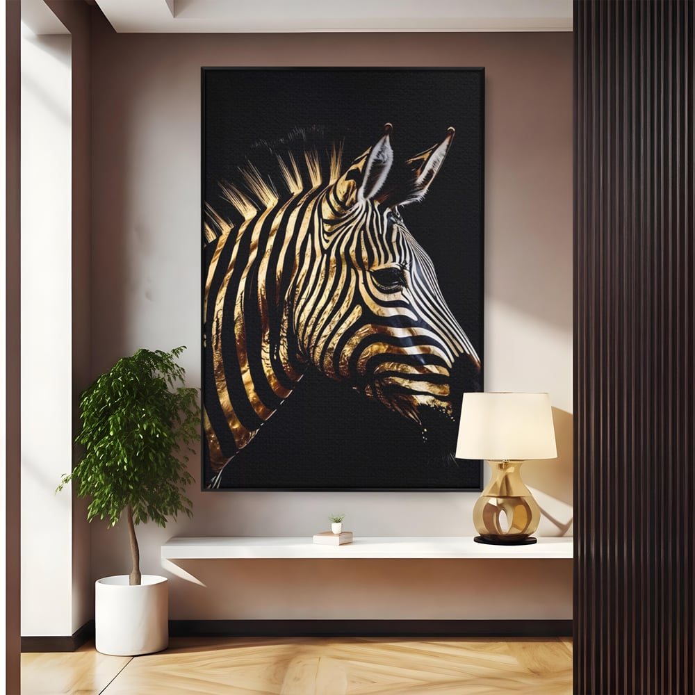 Tablou Canvas Premium LuxCanva® A1514, Zebra Aurie , Room, Animal, Safari, Gold, Decorativ, Living, Culori Vibrante