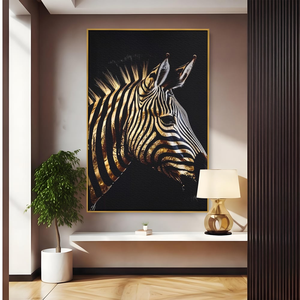 Tablou Canvas Premium LuxCanva® A1514, Zebra Aurie , Room, Animal, Safari, Gold, Decorativ, Living, Culori Vibrante