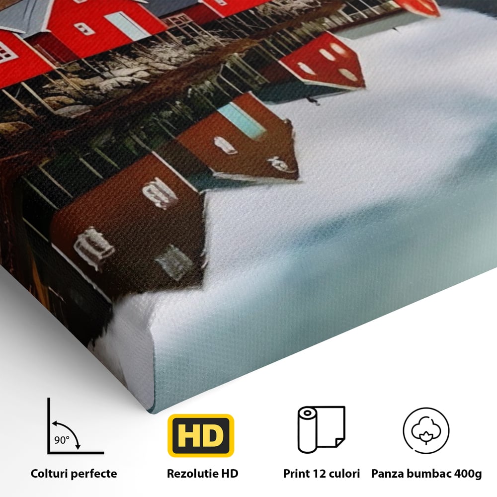 Tablou Canvas Premium LuxCanva® A1515, Red Houses , Room, Reflexie, Apa, Munte, Vacanta, Living, Culori Vibrante