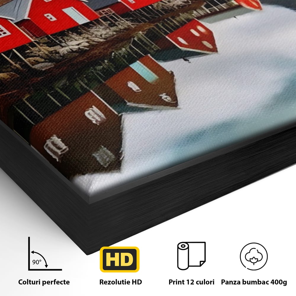 Tablou Canvas Premium LuxCanva® A1515, Red Houses , Room, Reflexie, Apa, Munte, Vacanta, Living, Culori Vibrante