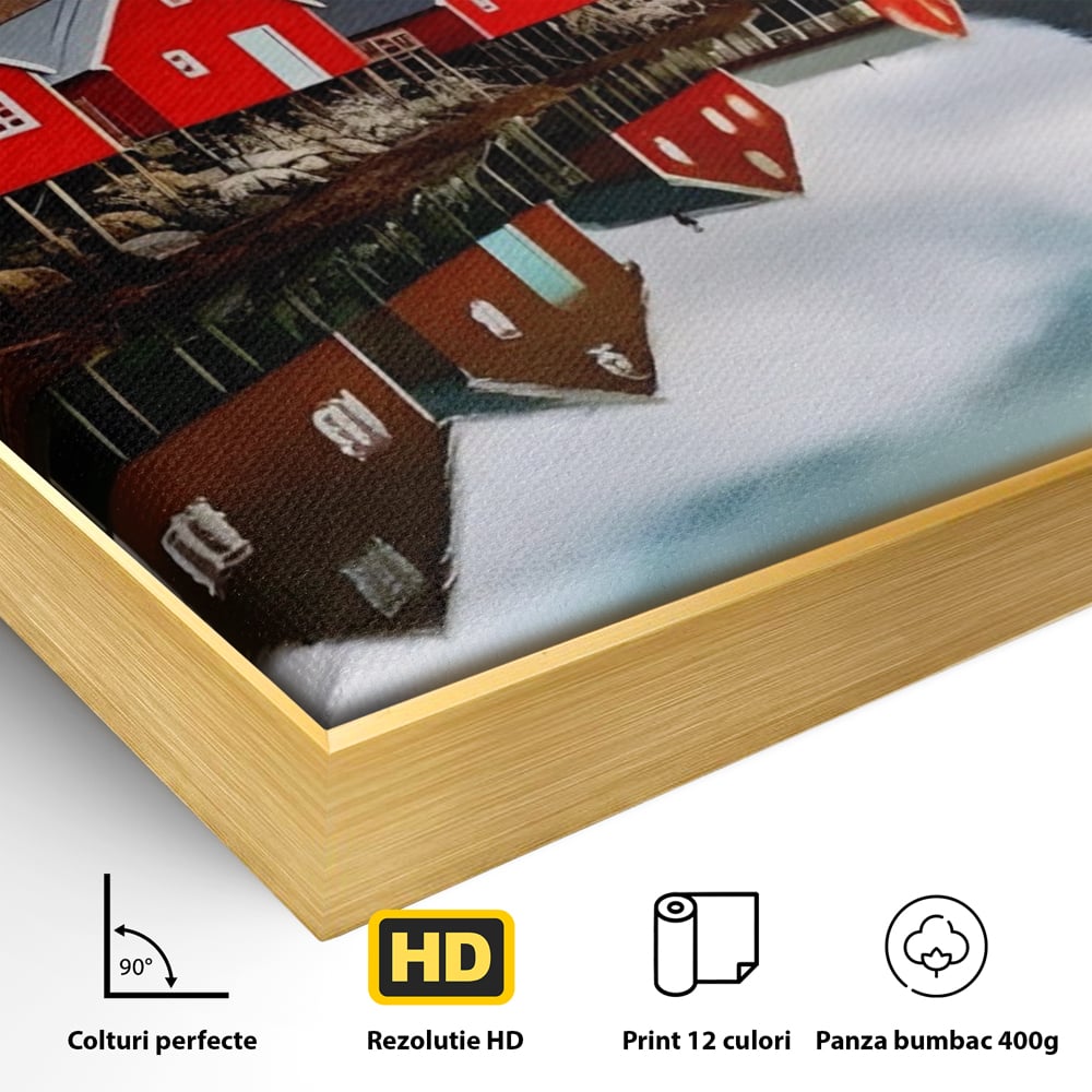 Tablou Canvas Premium LuxCanva® A1515, Red Houses , Room, Reflexie, Apa, Munte, Vacanta, Living, Culori Vibrante