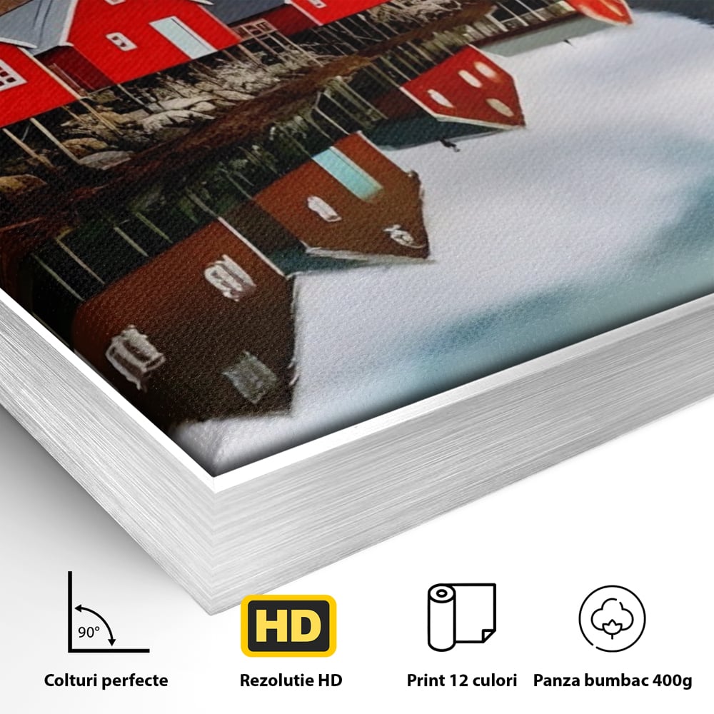 Tablou Canvas Premium LuxCanva® A1515, Red Houses , Room, Reflexie, Apa, Munte, Vacanta, Living, Culori Vibrante