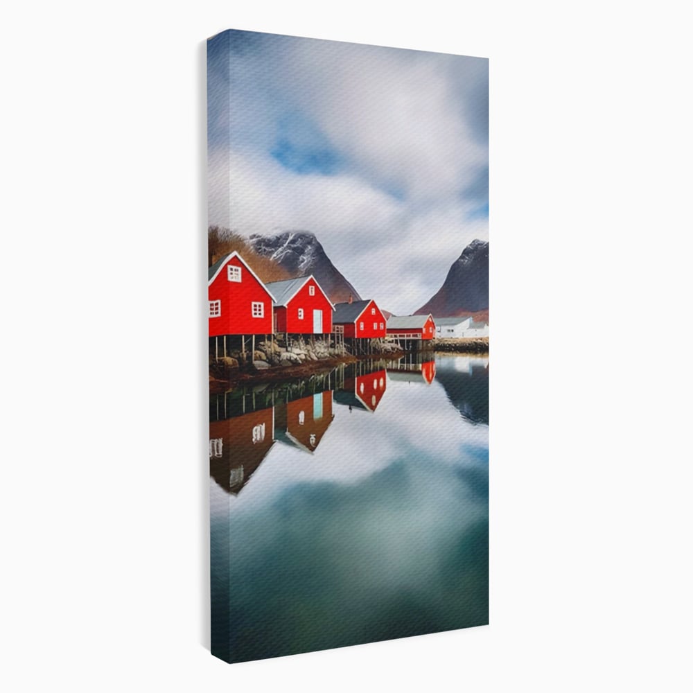 Tablou Canvas Premium LuxCanva® A1515, Red Houses , Room, Reflexie, Apa, Munte, Vacanta, Living, Culori Vibrante