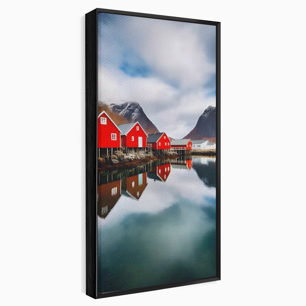 Tablou Canvas Premium LuxCanva® A1515, Red Houses , Room, Reflexie, Apa, Munte, Vacanta, Living, Culori Vibrante