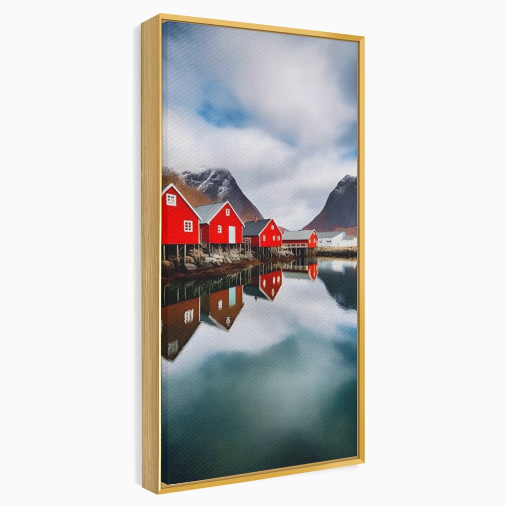 Tablou Canvas Premium LuxCanva® A1515, Red Houses , Room, Reflexie, Apa, Munte, Vacanta, Living, Culori Vibrante