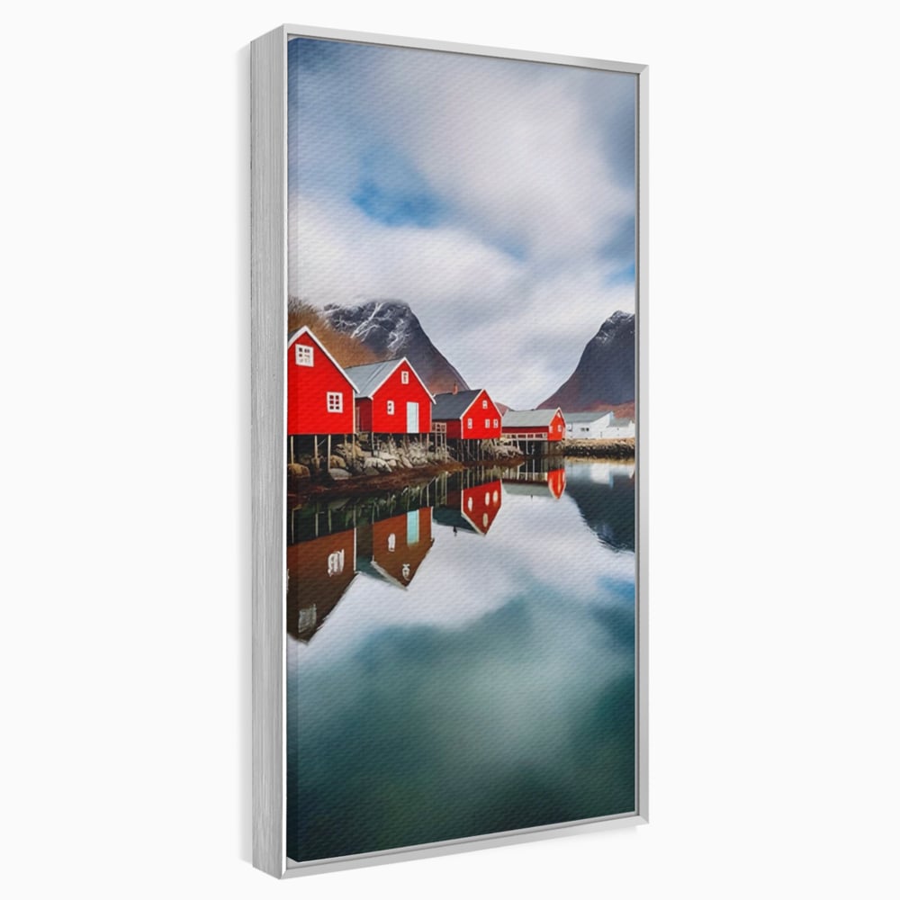 Tablou Canvas Premium LuxCanva® A1515, Red Houses , Room, Reflexie, Apa, Munte, Vacanta, Living, Culori Vibrante