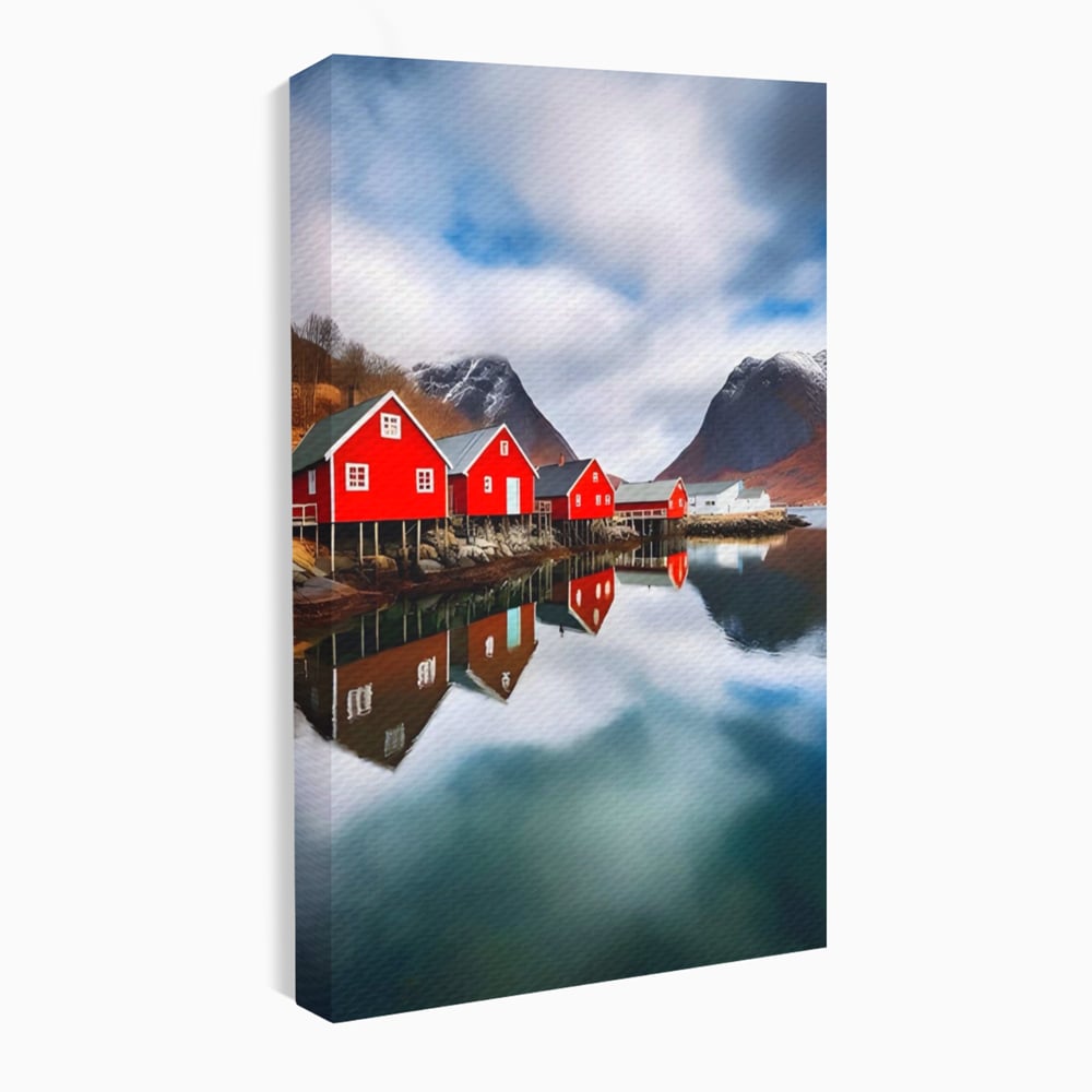Tablou Canvas Premium LuxCanva® A1515, Red Houses , Room, Reflexie, Apa, Munte, Vacanta, Living, Culori Vibrante