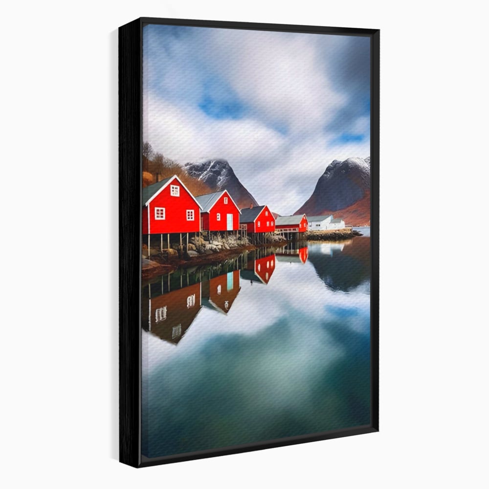 Tablou Canvas Premium LuxCanva® A1515, Red Houses , Room, Reflexie, Apa, Munte, Vacanta, Living, Culori Vibrante