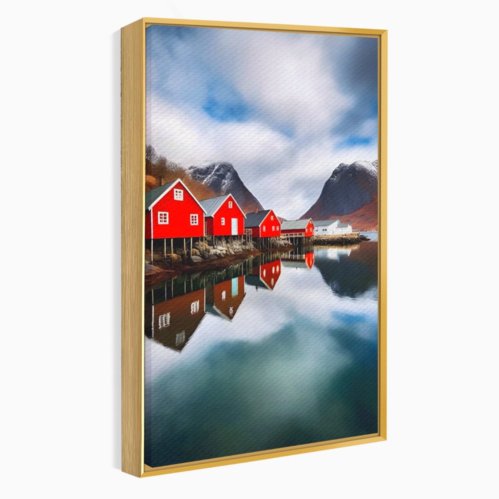 Tablou Canvas Premium LuxCanva® A1515, Red Houses , Room, Reflexie, Apa, Munte, Vacanta, Living, Culori Vibrante