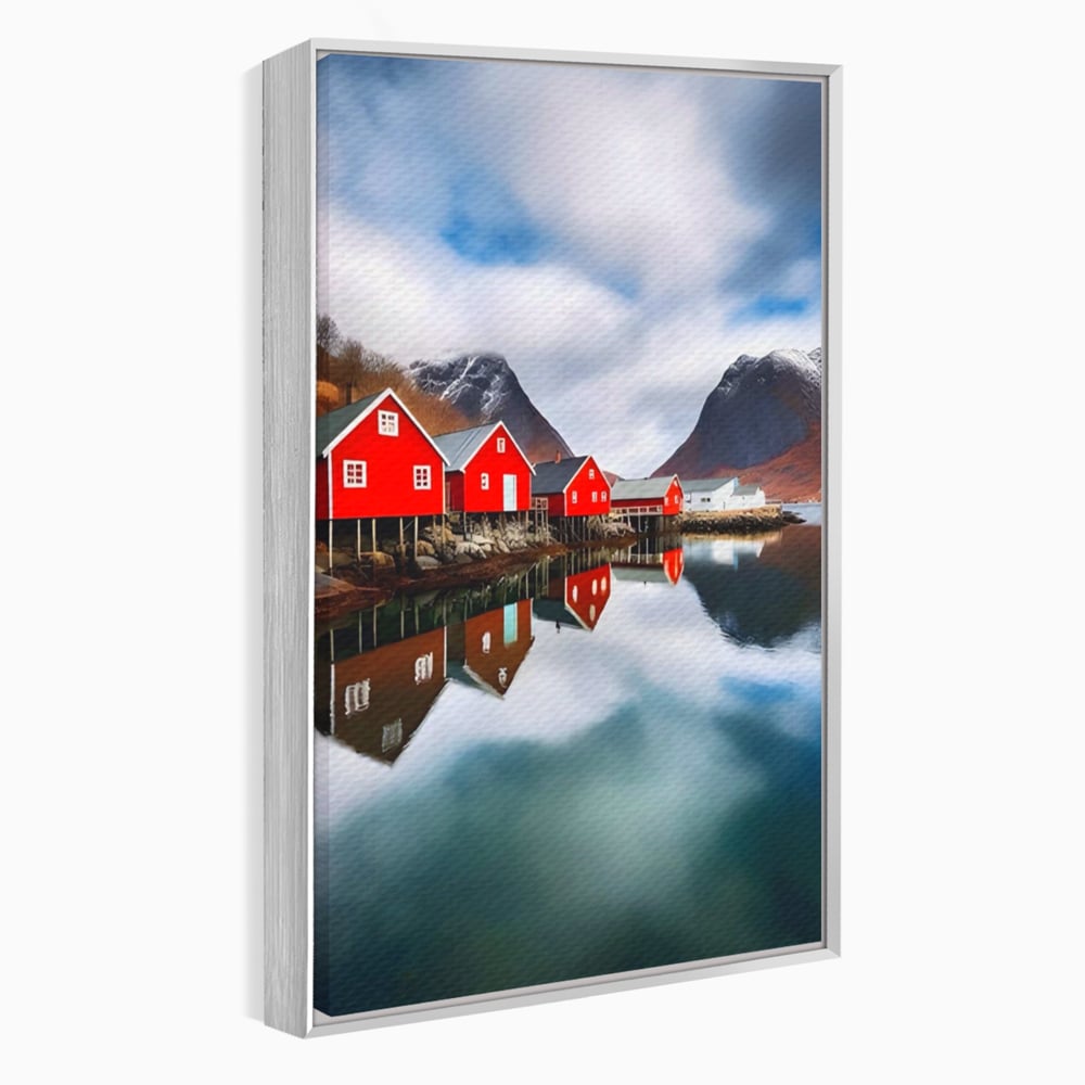 Tablou Canvas Premium LuxCanva® A1515, Red Houses , Room, Reflexie, Apa, Munte, Vacanta, Living, Culori Vibrante