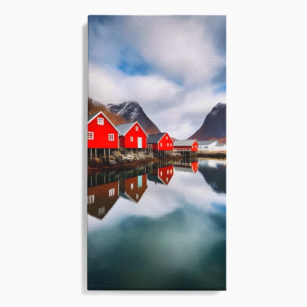 Tablou Canvas Premium LuxCanva® A1515, Red Houses , Room, Reflexie, Apa, Munte, Vacanta, Living, Culori Vibrante