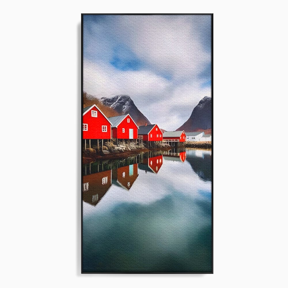 Tablou Canvas Premium LuxCanva® A1515, Red Houses , Room, Reflexie, Apa, Munte, Vacanta, Living, Culori Vibrante