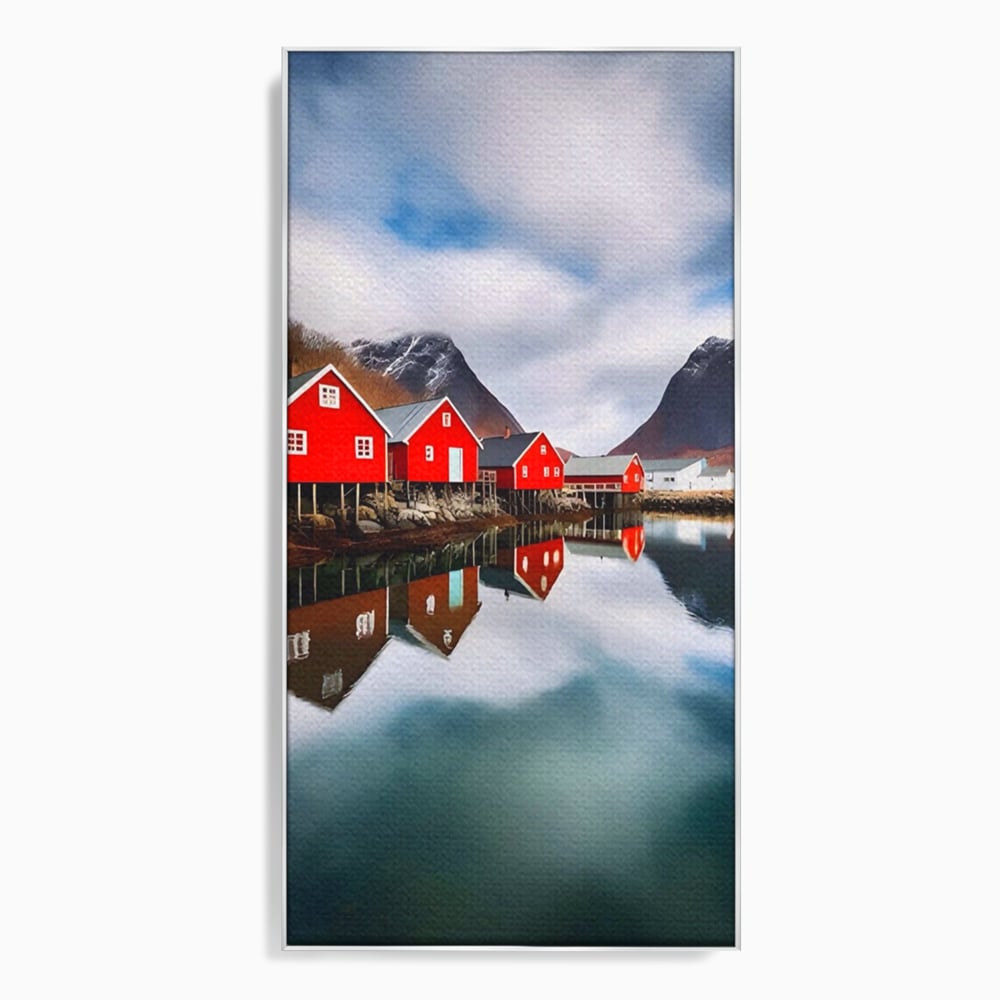 Tablou Canvas Premium LuxCanva® A1515, Red Houses , Room, Reflexie, Apa, Munte, Vacanta, Living, Culori Vibrante