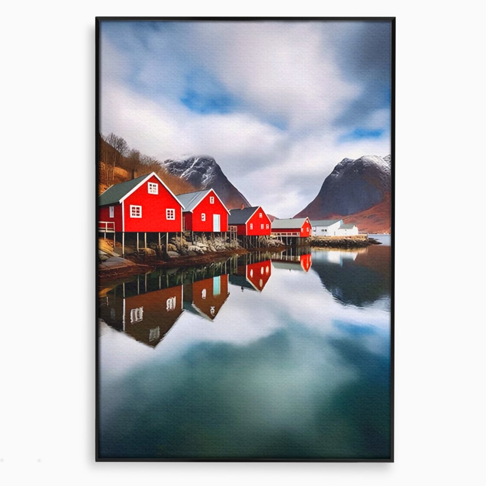 Tablou Canvas Premium LuxCanva® A1515, Red Houses , Room, Reflexie, Apa, Munte, Vacanta, Living, Culori Vibrante