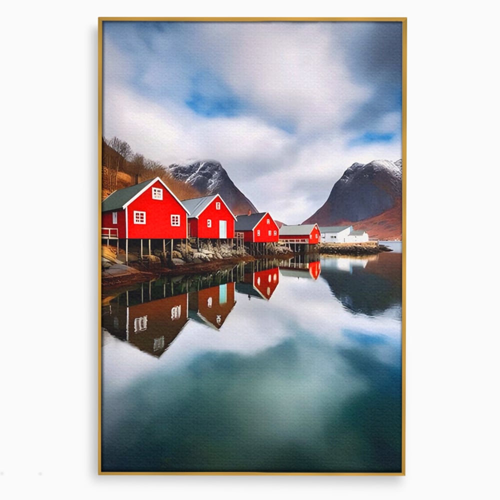 Tablou Canvas Premium LuxCanva® A1515, Red Houses , Room, Reflexie, Apa, Munte, Vacanta, Living, Culori Vibrante