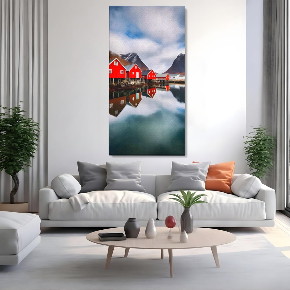 Tablou Canvas Premium LuxCanva® A1515, Red Houses , Room, Reflexie, Apa, Munte, Vacanta, Living, Culori Vibrante