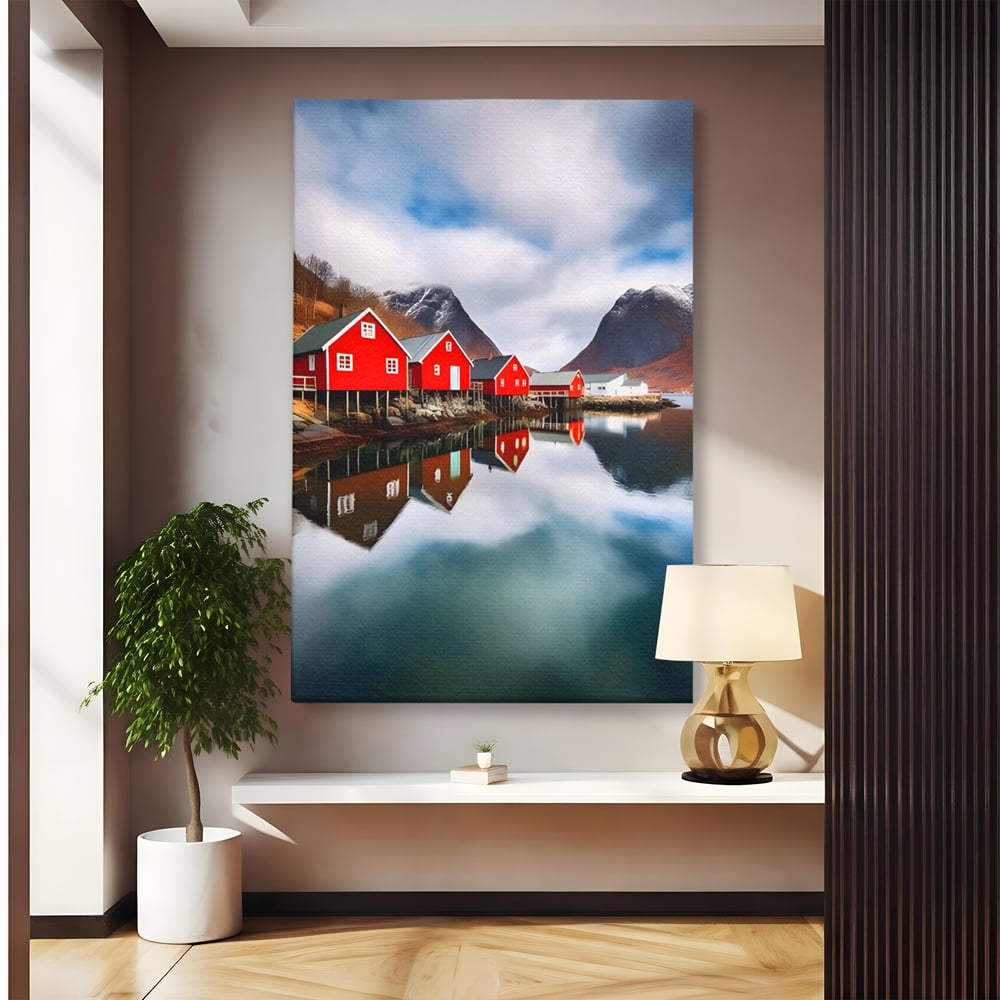 Tablou Canvas Premium LuxCanva® A1515, Red Houses , Room, Reflexie, Apa, Munte, Vacanta, Living, Culori Vibrante