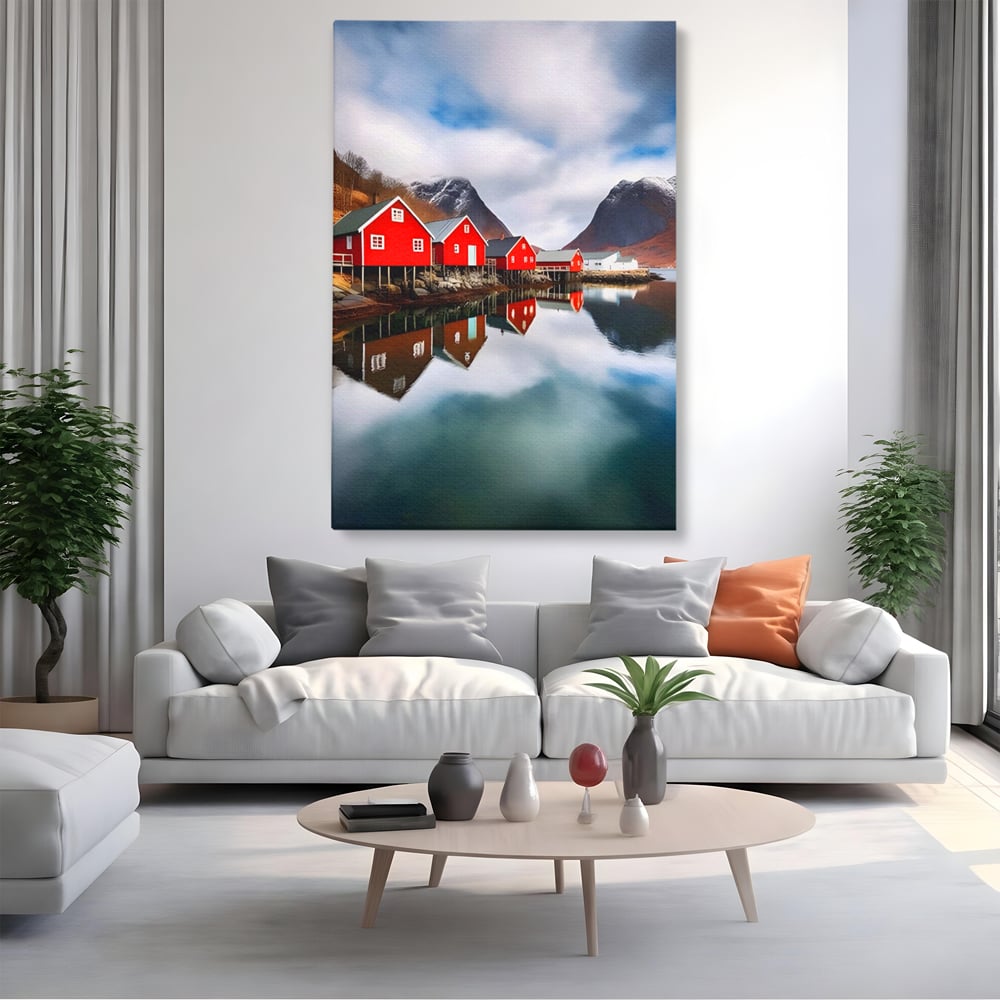 Tablou Canvas Premium LuxCanva® A1515, Red Houses , Room, Reflexie, Apa, Munte, Vacanta, Living, Culori Vibrante