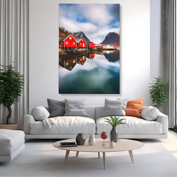 Tablou Canvas Premium LuxCanva® A1515, Red Houses , Room, Reflexie, Apa, Munte, Vacanta, Living, Culori Vibrante