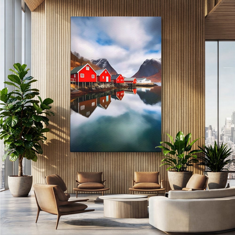 Tablou Canvas Premium LuxCanva® A1515, Red Houses , Room, Reflexie, Apa, Munte, Vacanta, Living, Culori Vibrante