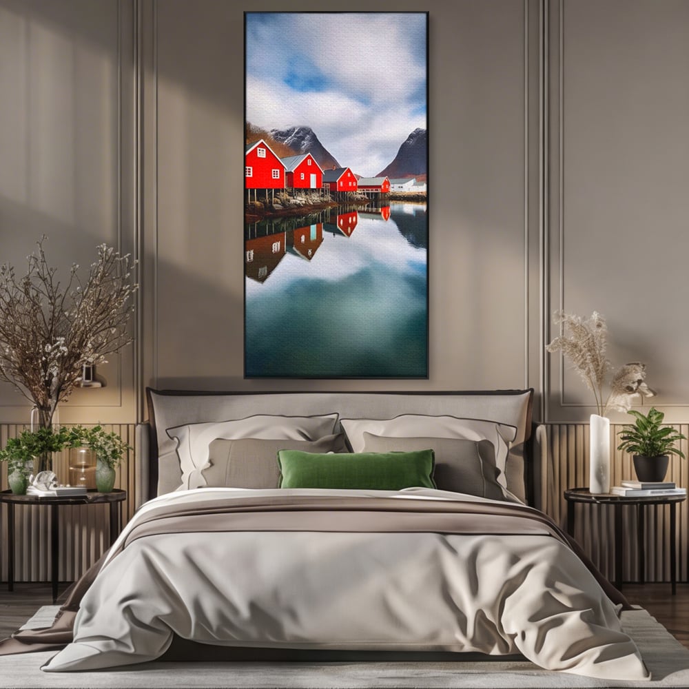 Tablou Canvas Premium LuxCanva® A1515, Red Houses , Room, Reflexie, Apa, Munte, Vacanta, Living, Culori Vibrante