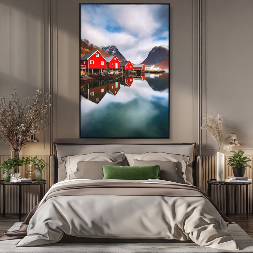 Tablou Canvas Premium LuxCanva® A1515, Red Houses , Room, Reflexie, Apa, Munte, Vacanta, Living, Culori Vibrante