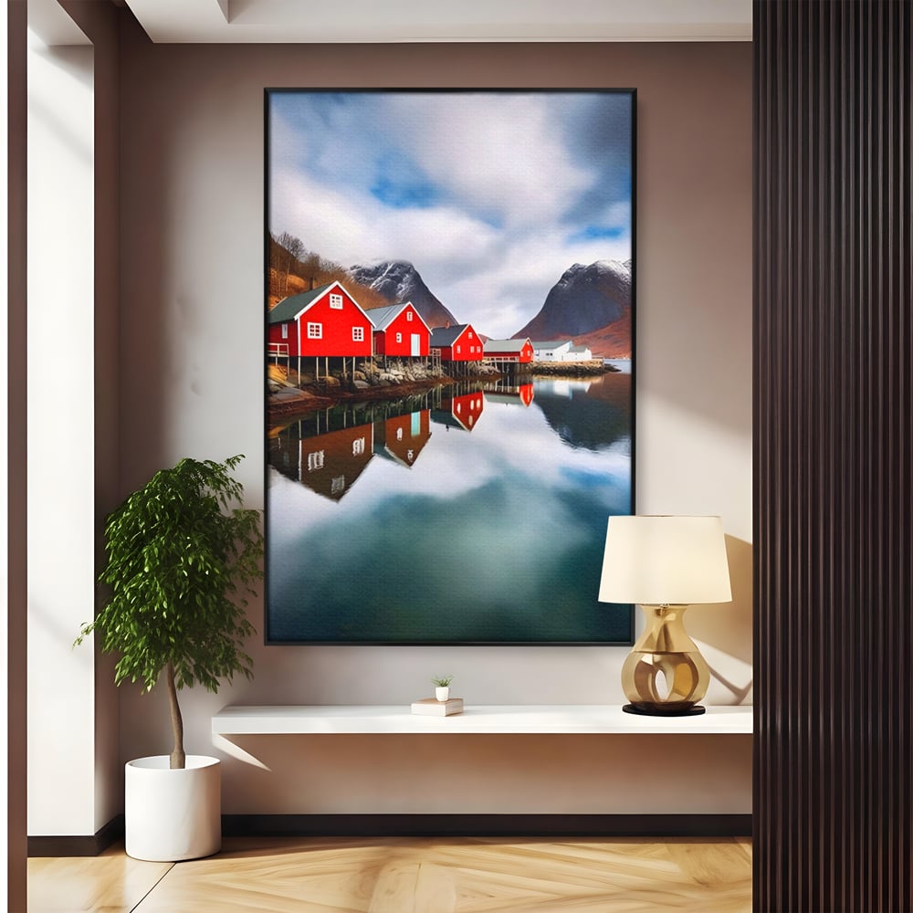 Tablou Canvas Premium LuxCanva® A1515, Red Houses , Room, Reflexie, Apa, Munte, Vacanta, Living, Culori Vibrante