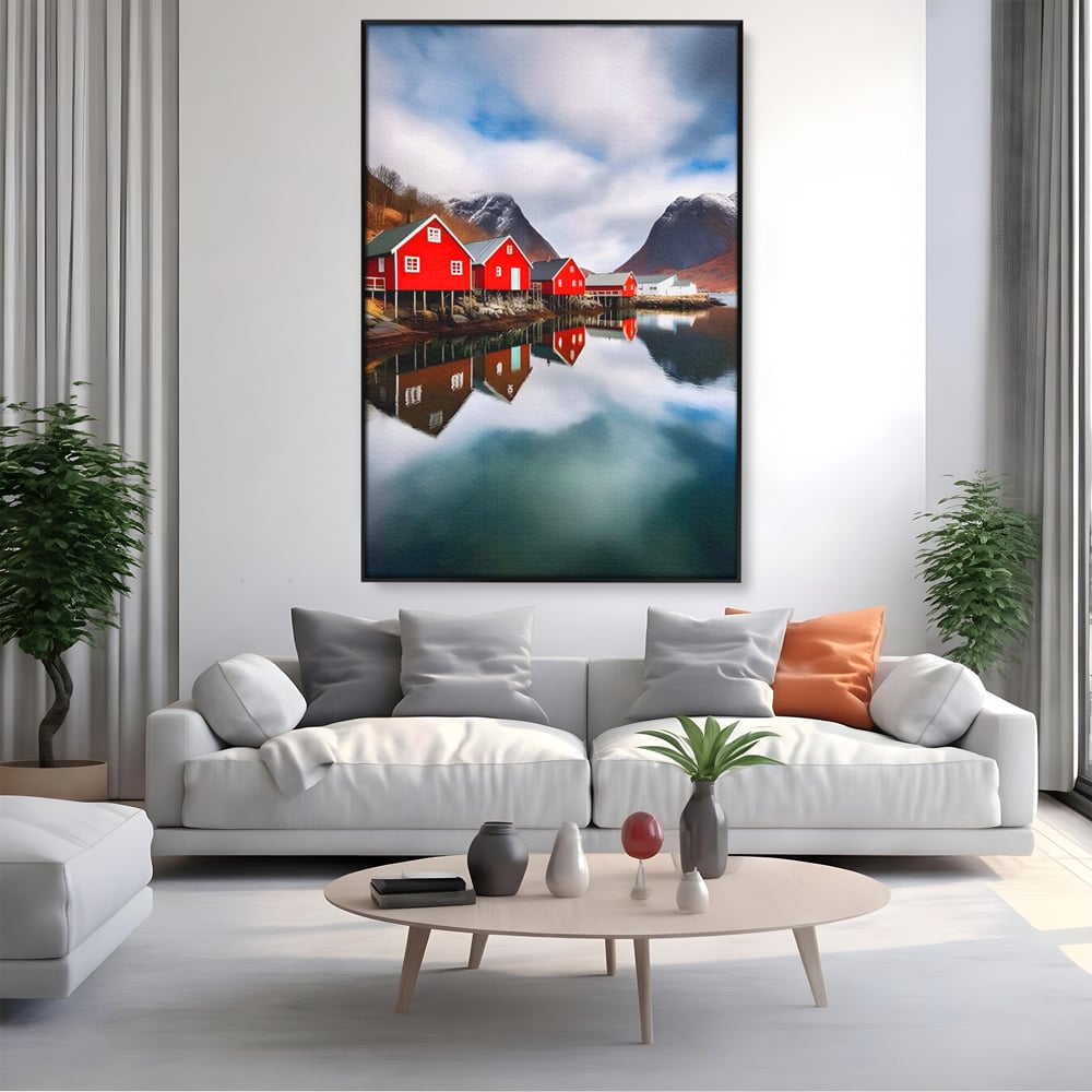 Tablou Canvas Premium LuxCanva® A1515, Red Houses , Room, Reflexie, Apa, Munte, Vacanta, Living, Culori Vibrante
