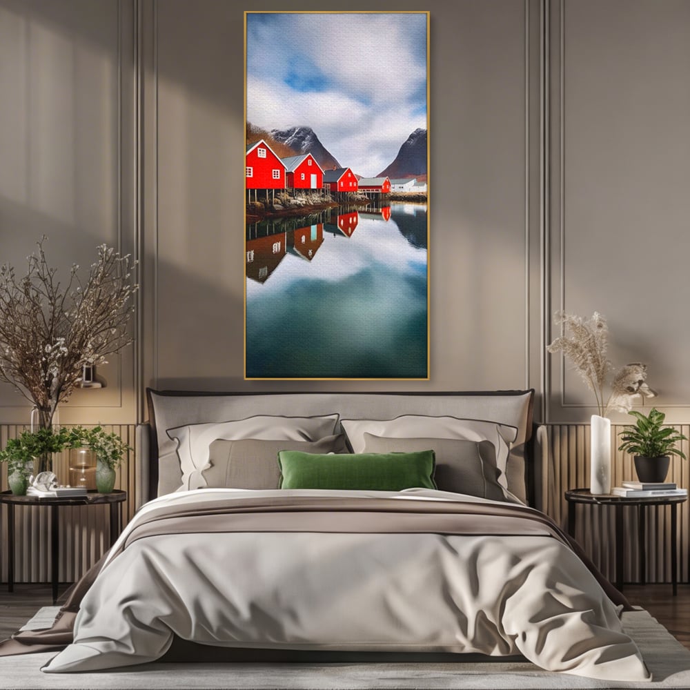 Tablou Canvas Premium LuxCanva® A1515, Red Houses , Room, Reflexie, Apa, Munte, Vacanta, Living, Culori Vibrante