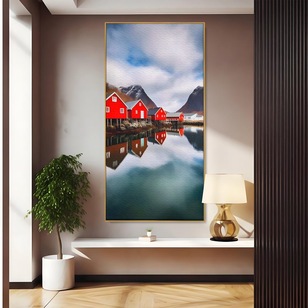 Tablou Canvas Premium LuxCanva® A1515, Red Houses , Room, Reflexie, Apa, Munte, Vacanta, Living, Culori Vibrante