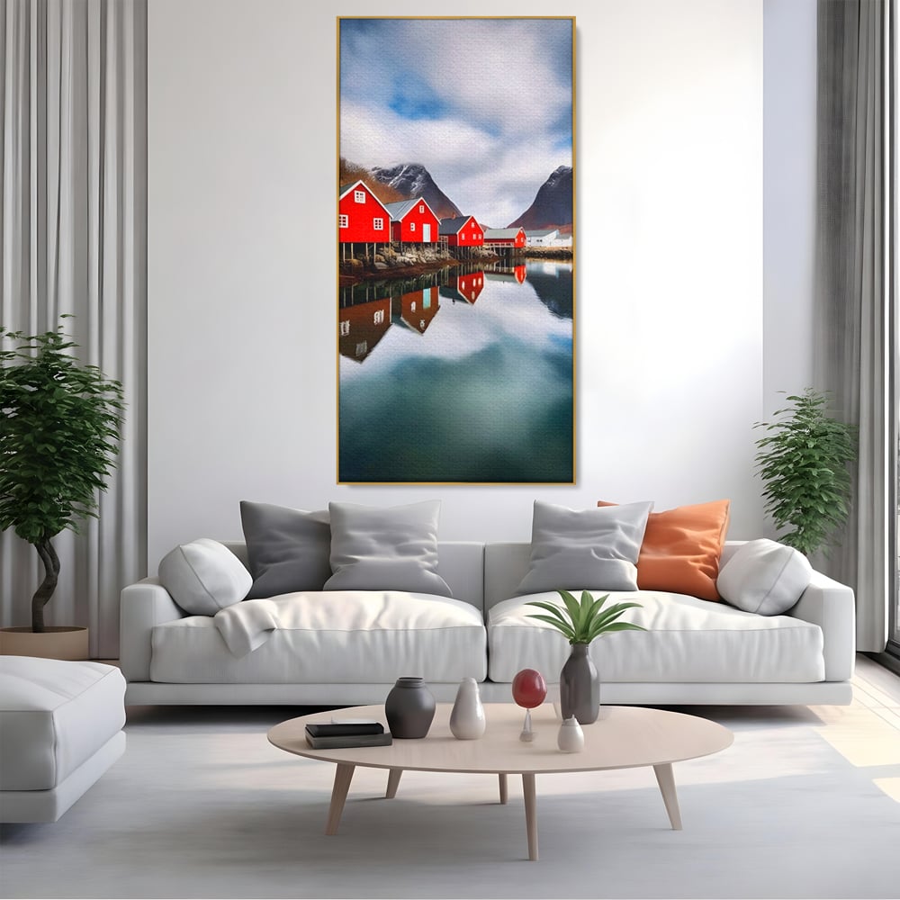 Tablou Canvas Premium LuxCanva® A1515, Red Houses , Room, Reflexie, Apa, Munte, Vacanta, Living, Culori Vibrante