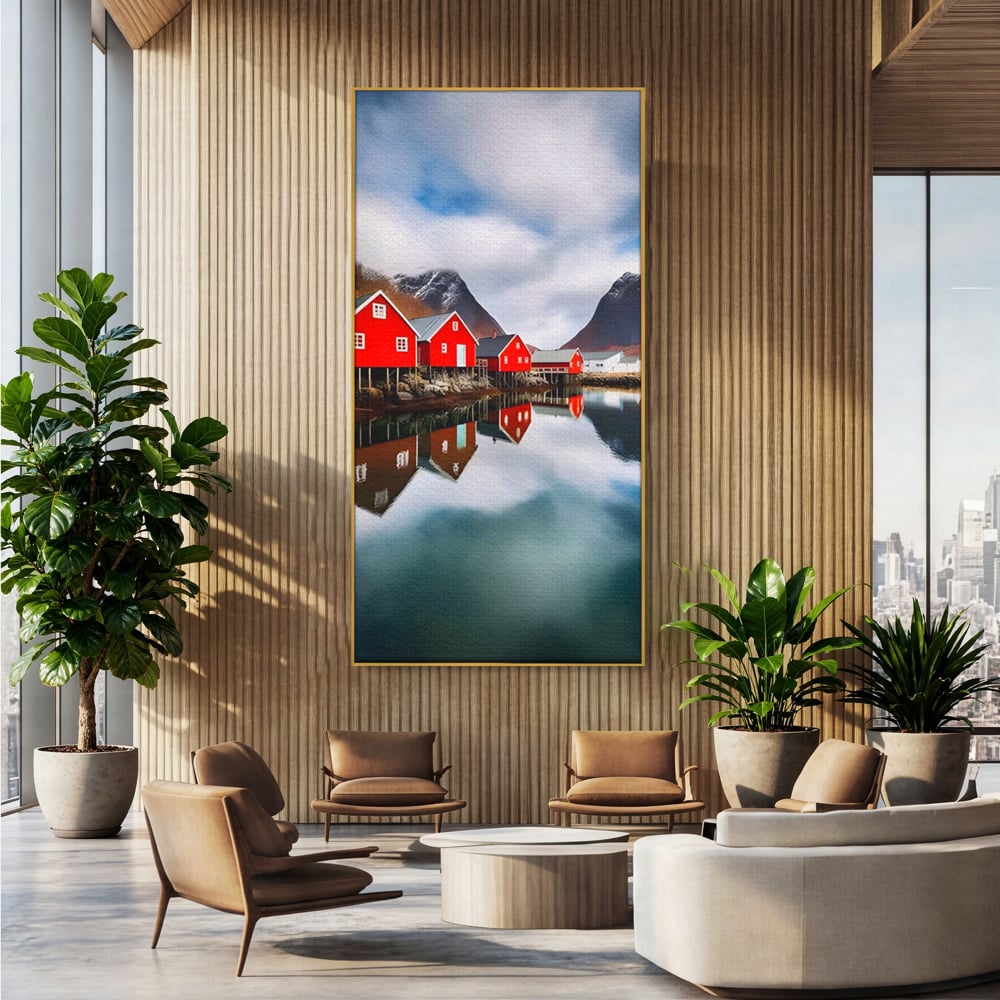 Tablou Canvas Premium LuxCanva® A1515, Red Houses , Room, Reflexie, Apa, Munte, Vacanta, Living, Culori Vibrante