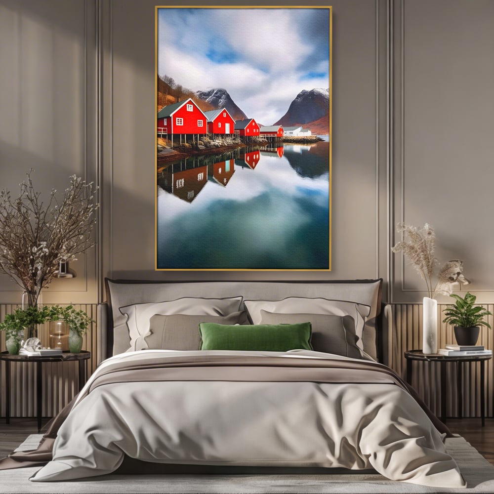 Tablou Canvas Premium LuxCanva® A1515, Red Houses , Room, Reflexie, Apa, Munte, Vacanta, Living, Culori Vibrante