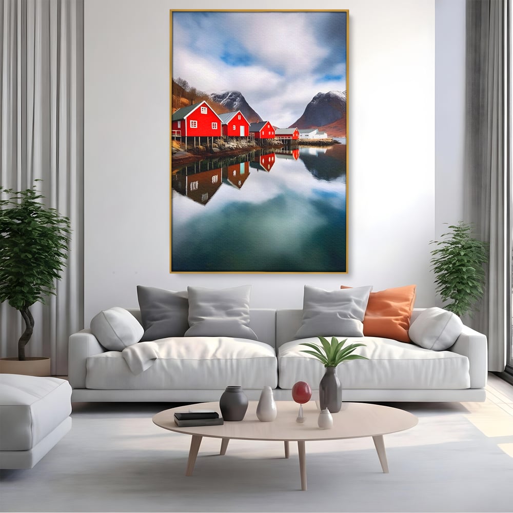 Tablou Canvas Premium LuxCanva® A1515, Red Houses , Room, Reflexie, Apa, Munte, Vacanta, Living, Culori Vibrante