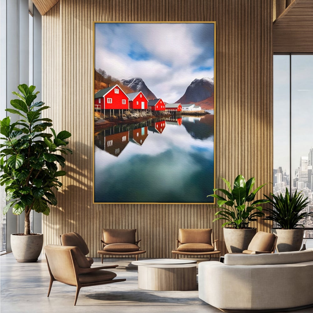 Tablou Canvas Premium LuxCanva® A1515, Red Houses , Room, Reflexie, Apa, Munte, Vacanta, Living, Culori Vibrante