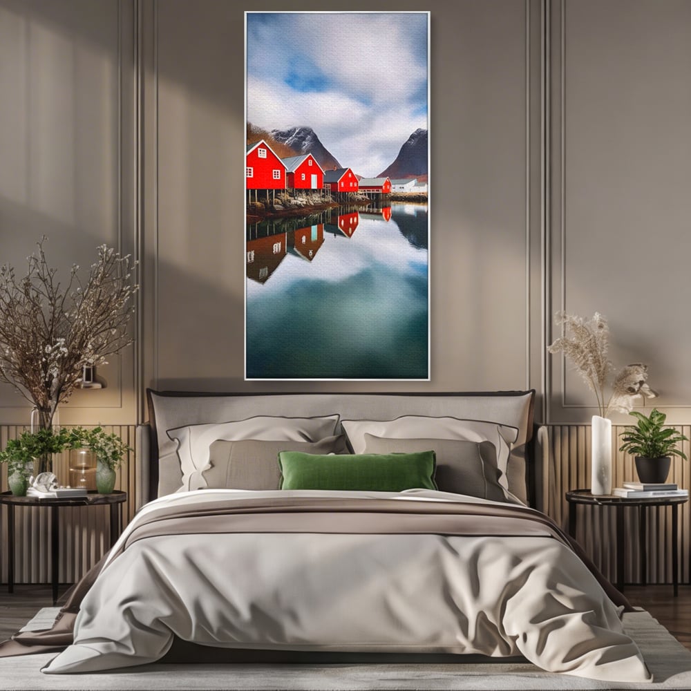 Tablou Canvas Premium LuxCanva® A1515, Red Houses , Room, Reflexie, Apa, Munte, Vacanta, Living, Culori Vibrante