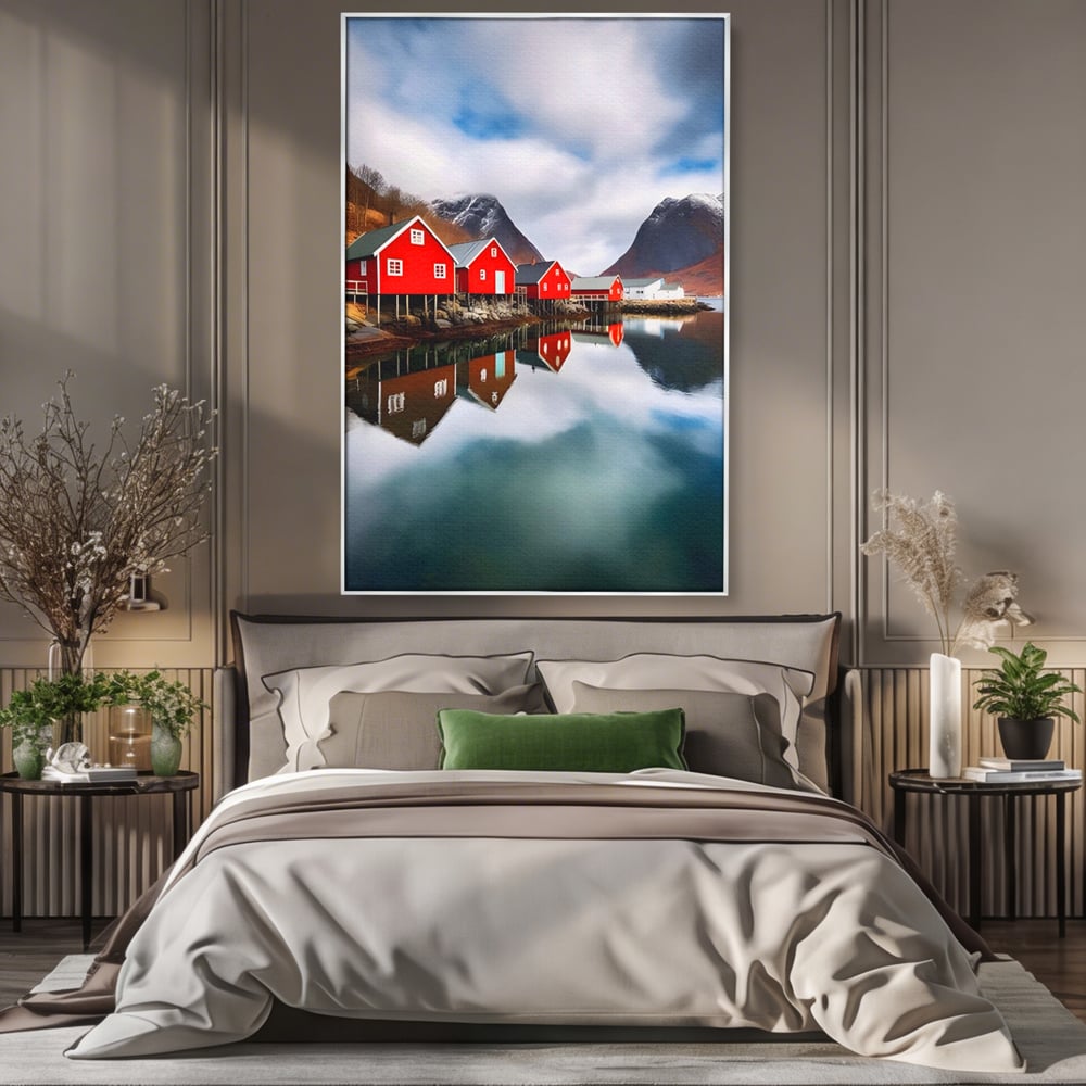 Tablou Canvas Premium LuxCanva® A1515, Red Houses , Room, Reflexie, Apa, Munte, Vacanta, Living, Culori Vibrante
