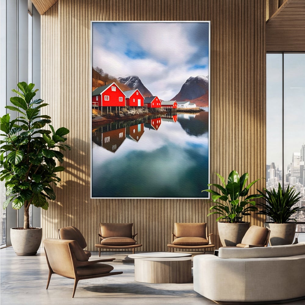 Tablou Canvas Premium LuxCanva® A1515, Red Houses , Room, Reflexie, Apa, Munte, Vacanta, Living, Culori Vibrante