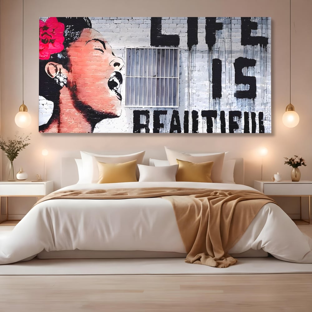Tablou Canvas Premium LuxCanva® A1517, Viata Este Frumoasa , Femeie, Strigat, Graffiti, Decorativ, Living, Culori Vibrante