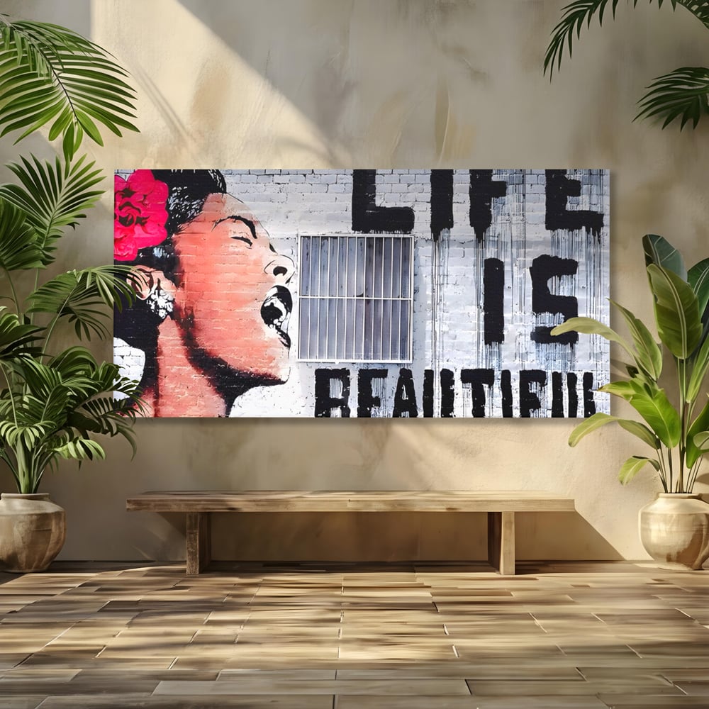 Tablou Canvas Premium LuxCanva® A1517, Viata Este Frumoasa , Femeie, Strigat, Graffiti, Decorativ, Living, Culori Vibrante